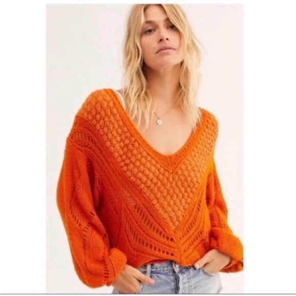 Free People Snowball Open Stitch Sweater Orange 45733 - Picture 1 of 13